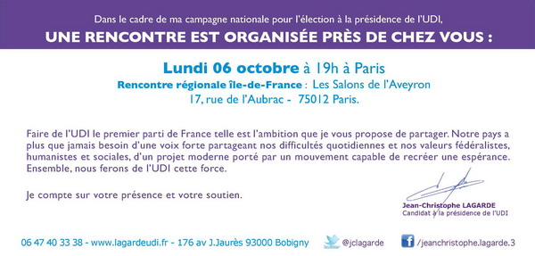 Invitation UDI Le Centre Conquerant avec Jean-Christophe Lagarde le 6 Octobre
