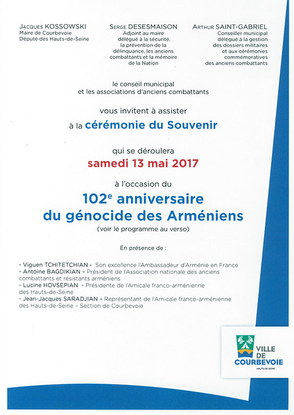 Commémoration pour le 102ème anniversaire du Génocide des Arméniens à Courbevoie