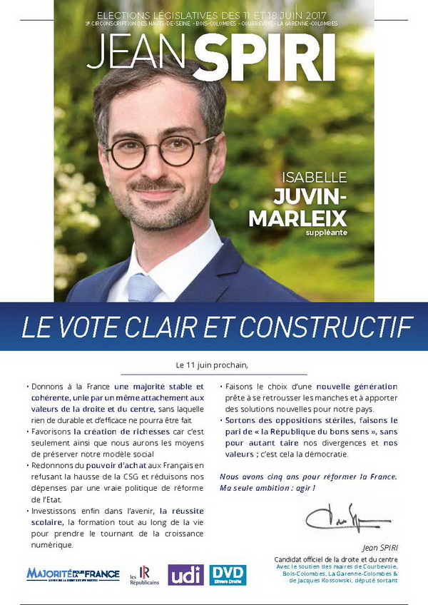 Jean SPIRI et sa supléante Isabelle JUVIN-MARLEIX, le vote clair et constructif