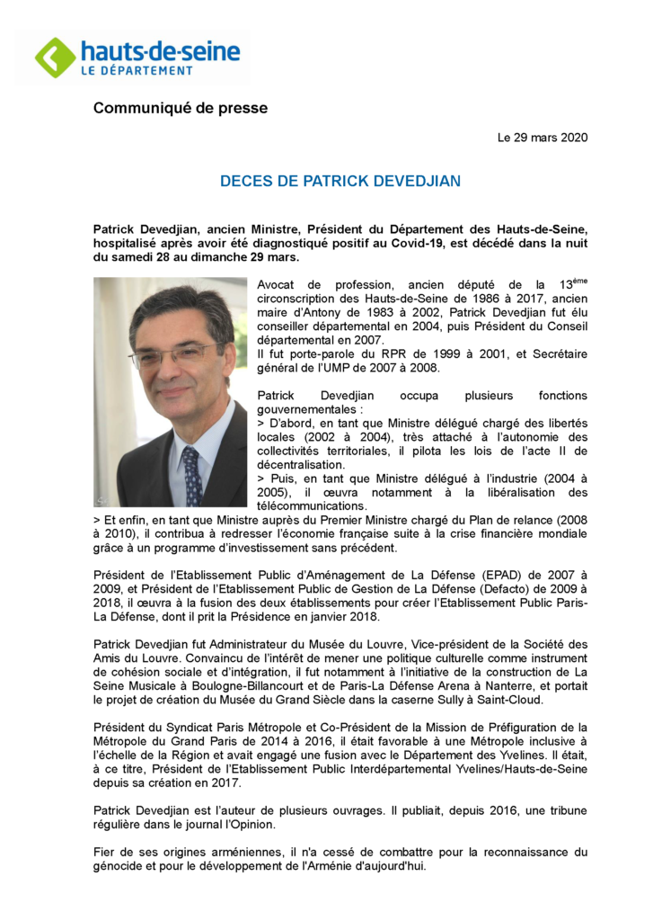 Annonce officielle du décès de Patrick Devedjian par le Département des HDS