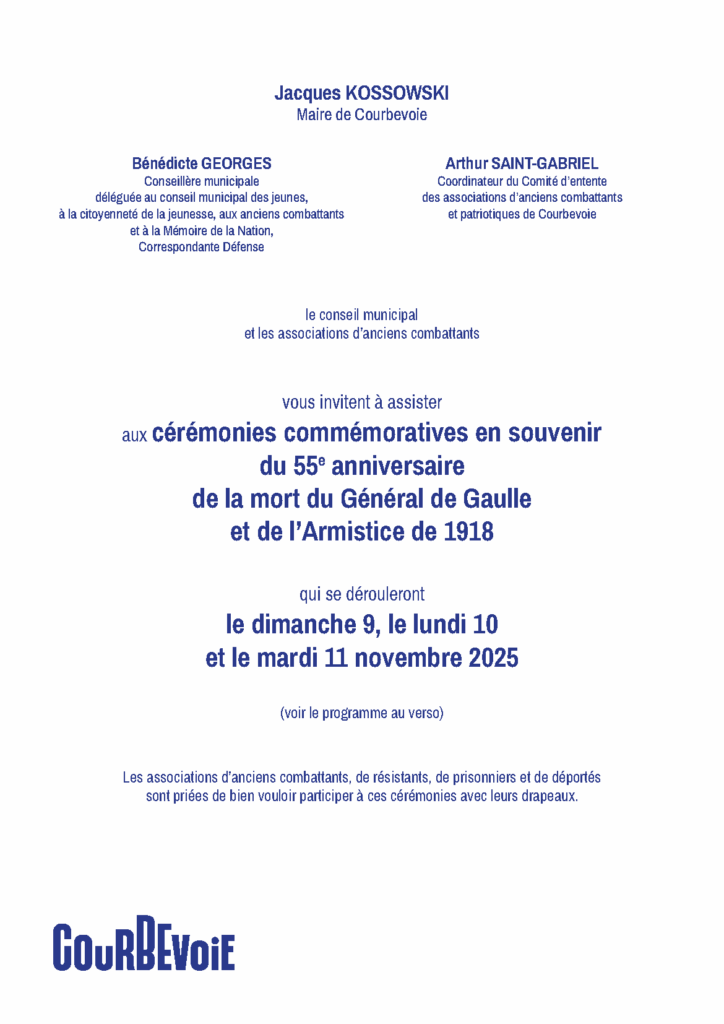 Du 9 au 11 novembre 2025: 55ème anniversaire de la mort du Général de Gaulle et de l’Armistice de 1918 à Courbevoie