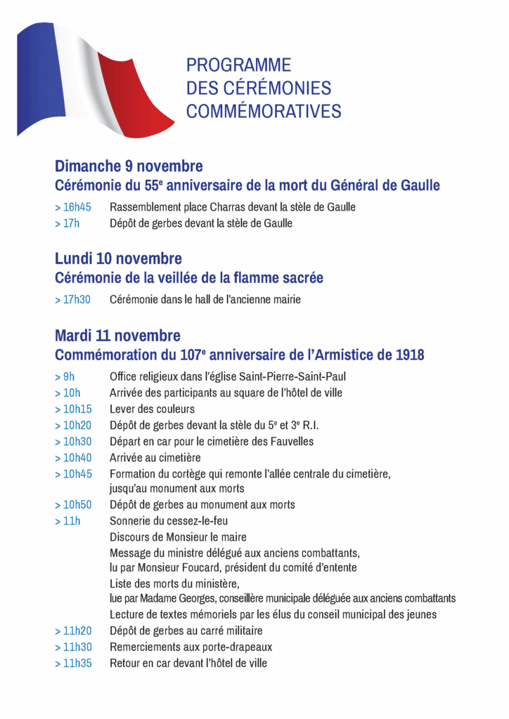Du 9 au 11 novembre 2025: 55ème anniversaire de la mort du Général de Gaulle et de l’Armistice de 1918 à Courbevoie Du 9 au 11 novembre 2025: 55ème anniversaire de la mort du Général de Gaulle et de l’Armistice de 1918 à Courbevoie